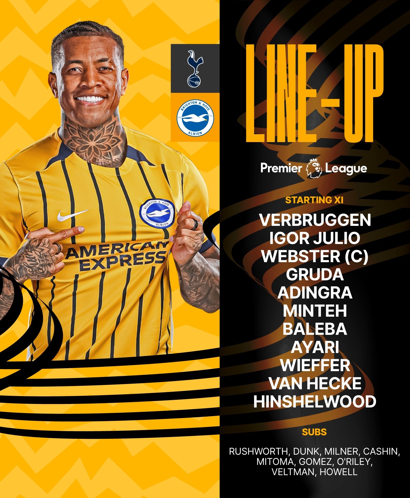 布莱顿vs热刺首发：索兰克先发出战，三笘薫替补，孙兴慜缺战